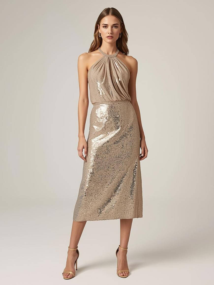 A woman stands wearing a sleeveless, champagne-colored, sequin halter dress with a draped neckline and a fitted, mid-calf skirt. She is wearing beige high-heeled sandals and has loose, wavy hair. The background is neutral.