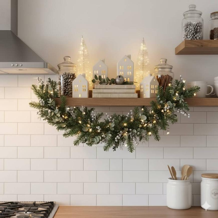 A kitchen shelf decorated with miniature white houses, lit Christmas trees, pine garland with lights, and jars of kitchen items, above a stove and white subway tile backsplash.