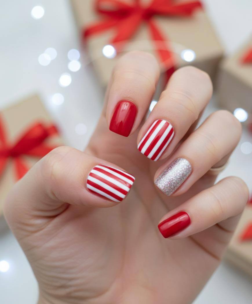 A hand with festive nail art: two nails painted red, two with red and white vertical stripes, and one with silver glitter polish. Blurred gift boxes with red ribbons are in the background.