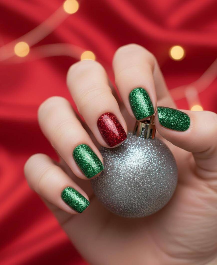 A hand with festive glittery green and red manicure holds a sparkling silver Christmas ornament against a red background with golden fairy lights.