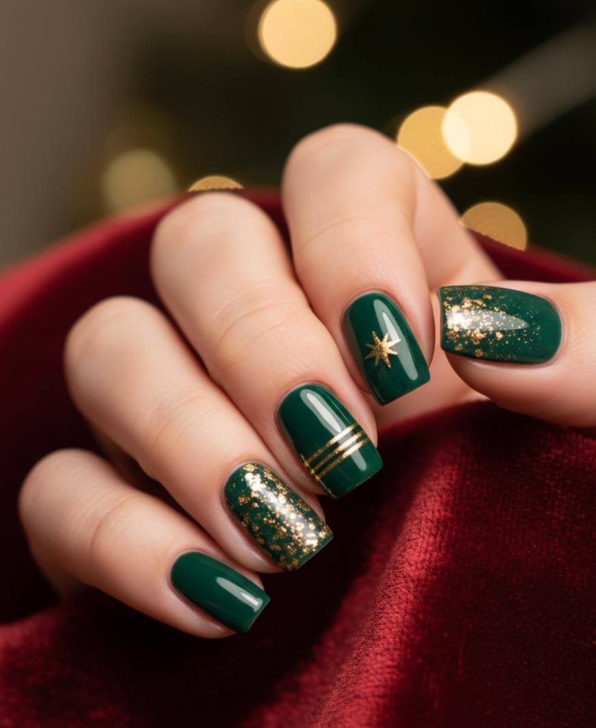 A hand with dark green nail polish featuring gold glitter, gold lines, and a gold star accent design, resting on a soft red velvet fabric with blurred lights in the background.