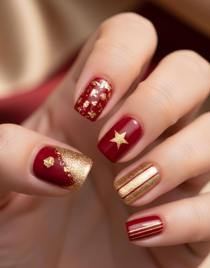 A hand with red and gold nail art: one nail has gold glitter, one has a gold star, another has gold stripes, one has a gold star pattern, and the last has a gold tip with a star accent.