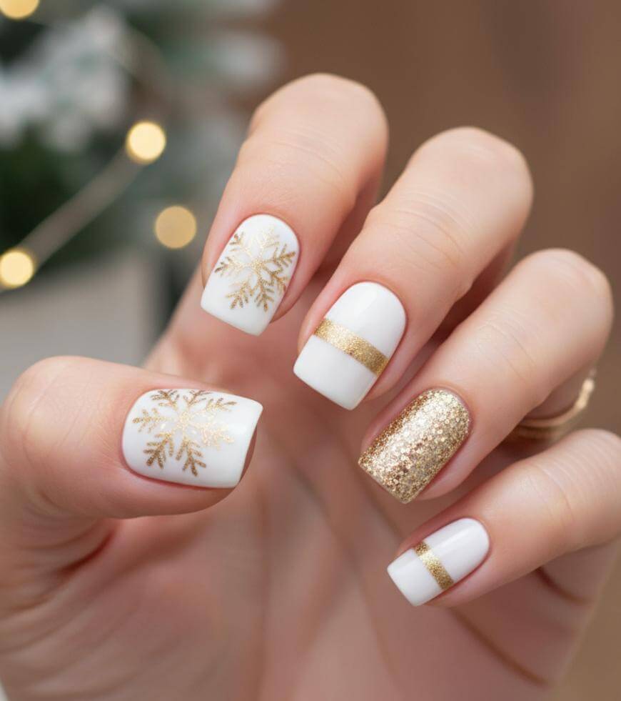 A hand with manicured nails featuring white polish, gold snowflake designs, gold glitter accent nail, and gold stripe details, shown against a blurred background.