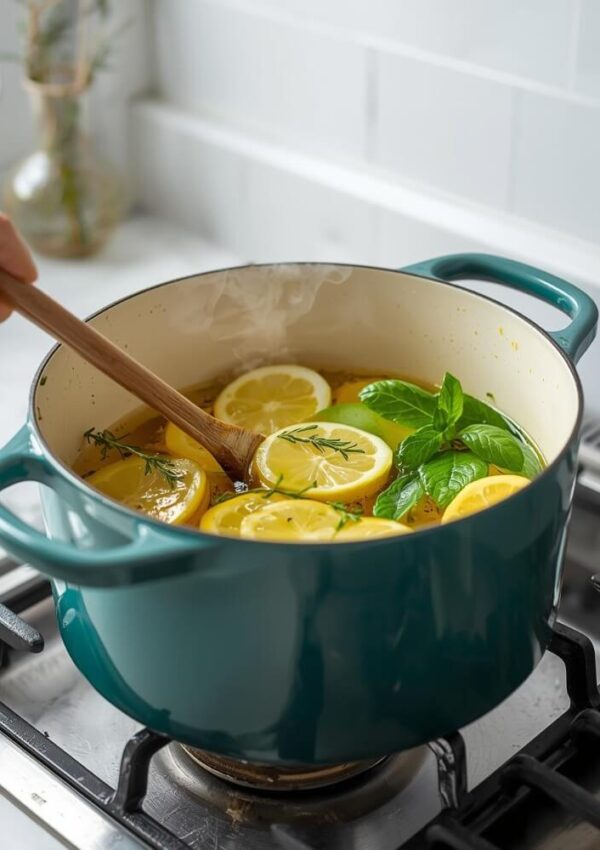 A hand stirs a teal pot on a stove filled with lemon slices, fresh basil, and herbs in simmering water, releasing steam in a bright kitchen.