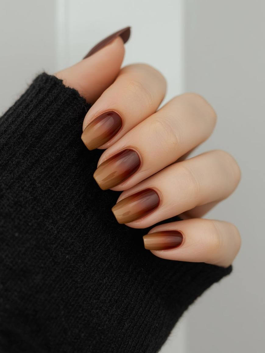 A hand with neatly manicured nails painted in a brown ombre gradient, partially covered by a black sweater sleeve, set against a light, blurred background.