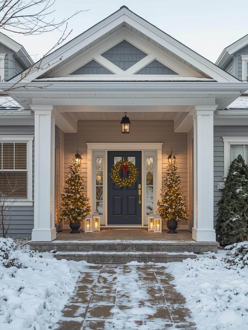 A snow-covered walkway leads to a house with a front porch decorated for the holidays, featuring lit Christmas trees, lanterns, and a wreath on the dark front door.
