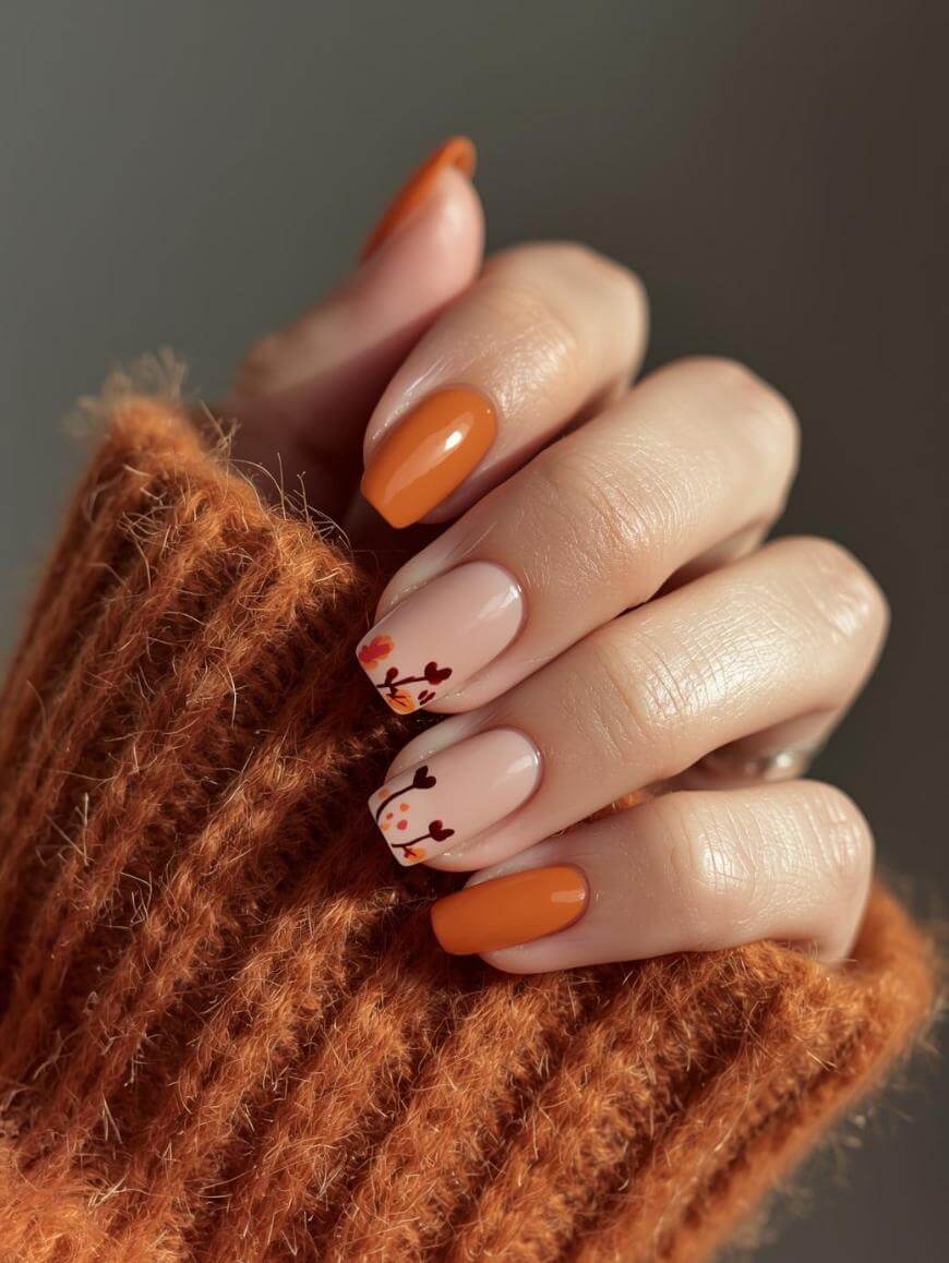 A hand with manicured nails in autumn colors; two nails feature orange polish, and three have light beige polish with orange and brown leaf designs. The hand is wrapped in a cozy orange sweater.