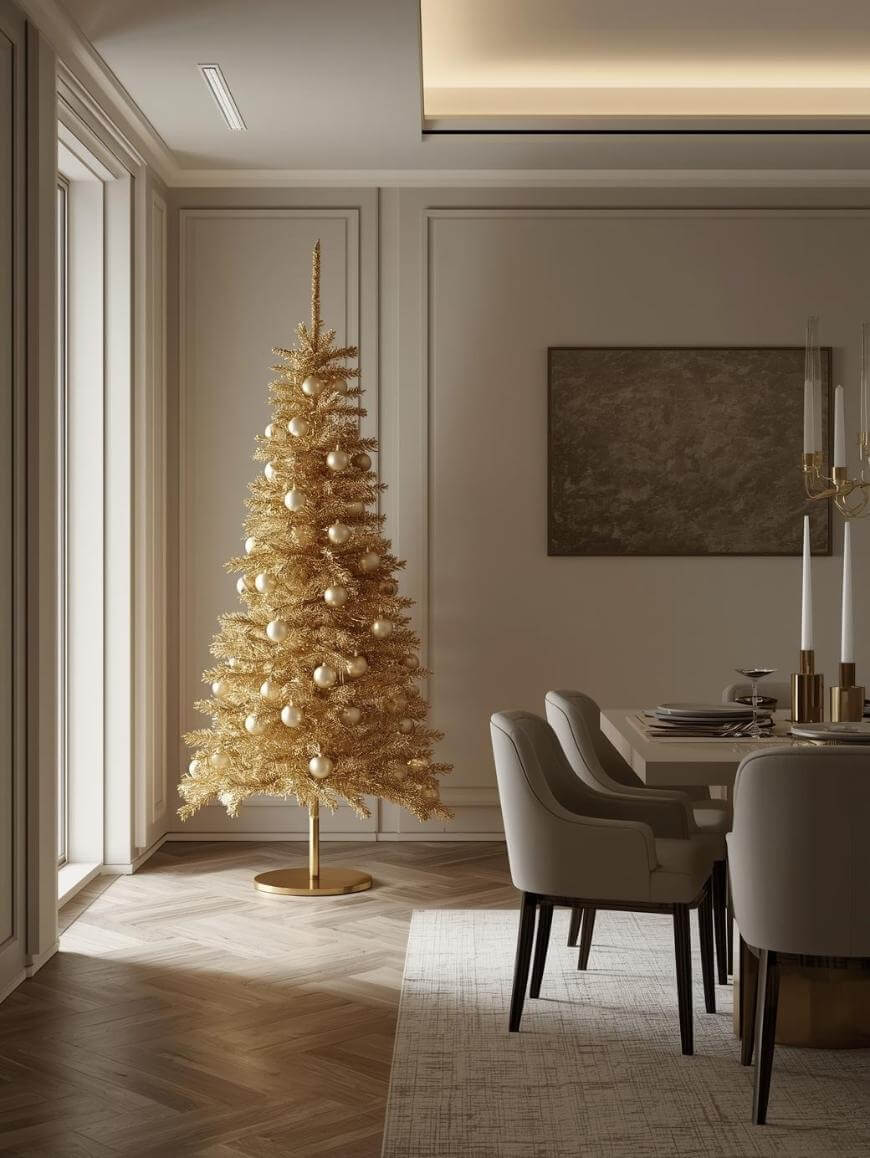 A gold Christmas tree decorated with white ornaments stands in the corner of a modern dining room with neutral walls, a large window, and an elegant dining table with beige chairs.