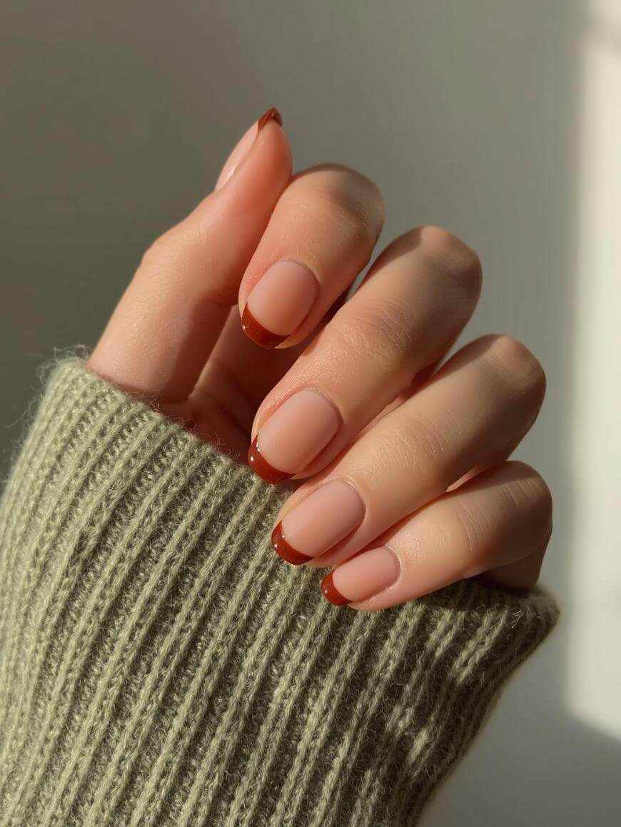 A hand with a cozy, ribbed olive-green sweater sleeve shows neatly manicured nails with a nude base and brown French tips, illuminated by soft natural light.