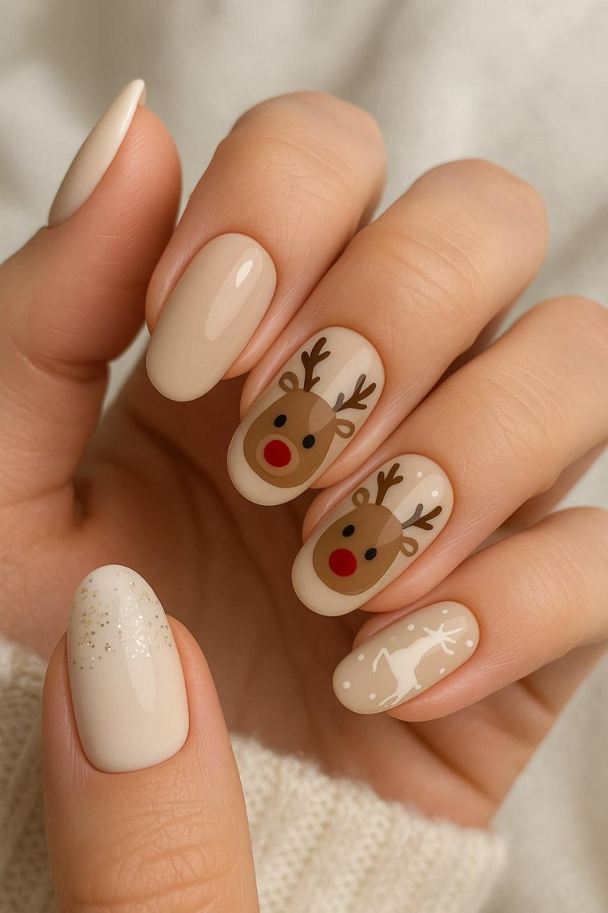 A hand with beige holiday-themed nails featuring two reindeer faces, a white reindeer silhouette, subtle glitter on the thumb, and simple, smooth polish on the pinky.