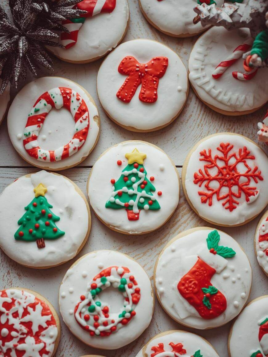 Round sugar cookies decorated with white icing and colorful Christmas-themed designs, including trees, stockings, snowflakes, wreaths, and candy canes, arranged on a light wooden surface.