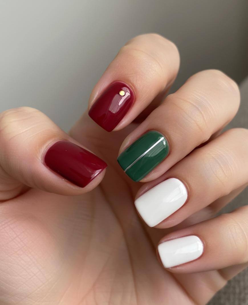 A hand with manicured nails painted in red, green, and white. The ring finger is green with a white stripe, the pinky and index are white, and the middle and thumb are red, with a gold dot on the middle finger nail.