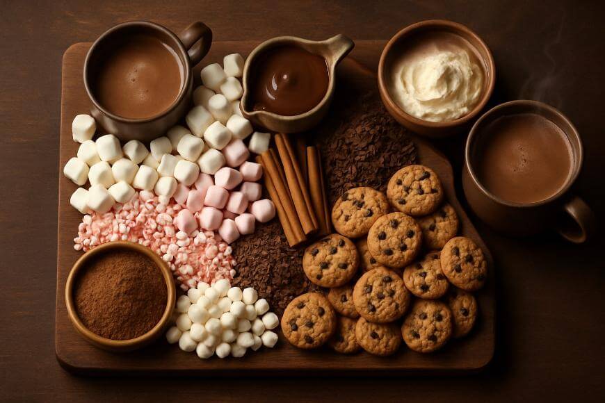A wooden board topped with mugs of hot chocolate, chocolate chip cookies, marshmallows, cinnamon sticks, cocoa powder, chocolate shavings, peppermint bits, and whipped cream, arranged neatly for a dessert spread.