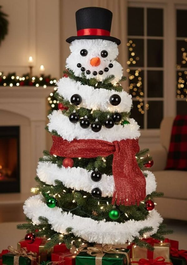 A Christmas tree decorated to look like a snowman, with a black top hat, a red scarf, black ornament eyes and buttons, a carrot nose, and surrounded by wrapped presents. A fireplace and lights are in the background.
