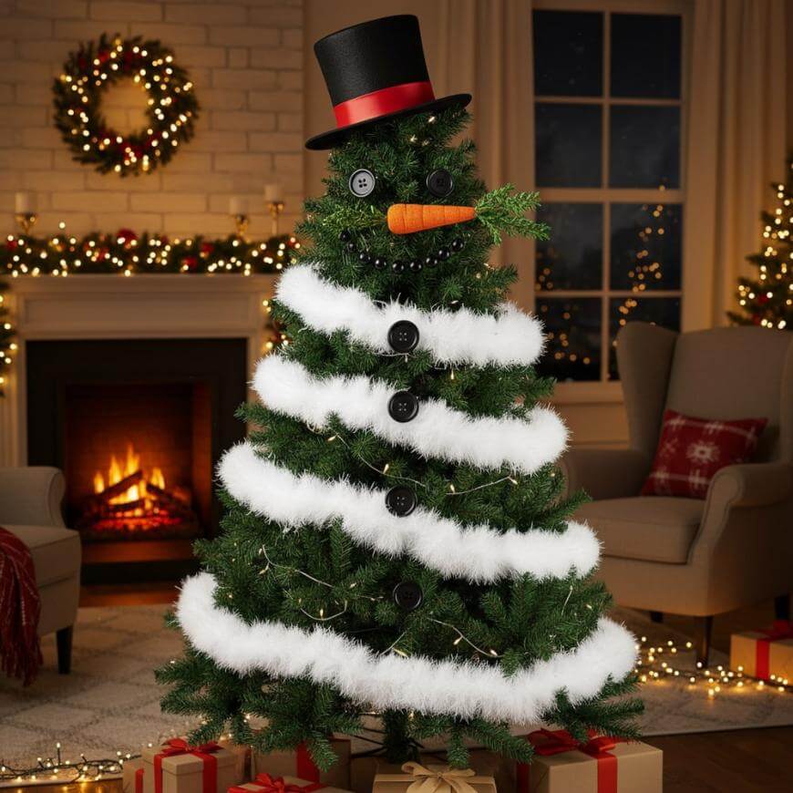 A Christmas tree decorated to look like a snowman, with a top hat, a carrot nose, button eyes and mouth, white garland for the body, and presents underneath; a cozy living room with a fireplace is in the background.