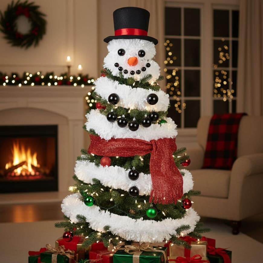A Christmas tree decorated to look like a snowman, with a black top hat, carrot nose, black ornaments for eyes and buttons, a red scarf, and surrounded by wrapped gifts in a cozy living room with a fireplace.