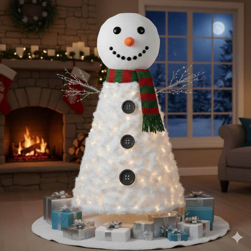 A Christmas tree shaped like a snowman with a smiling face, stick arms, large black buttons, and a red-green scarf stands indoors by a fireplace, surrounded by wrapped presents; a snowy night is visible through the window.