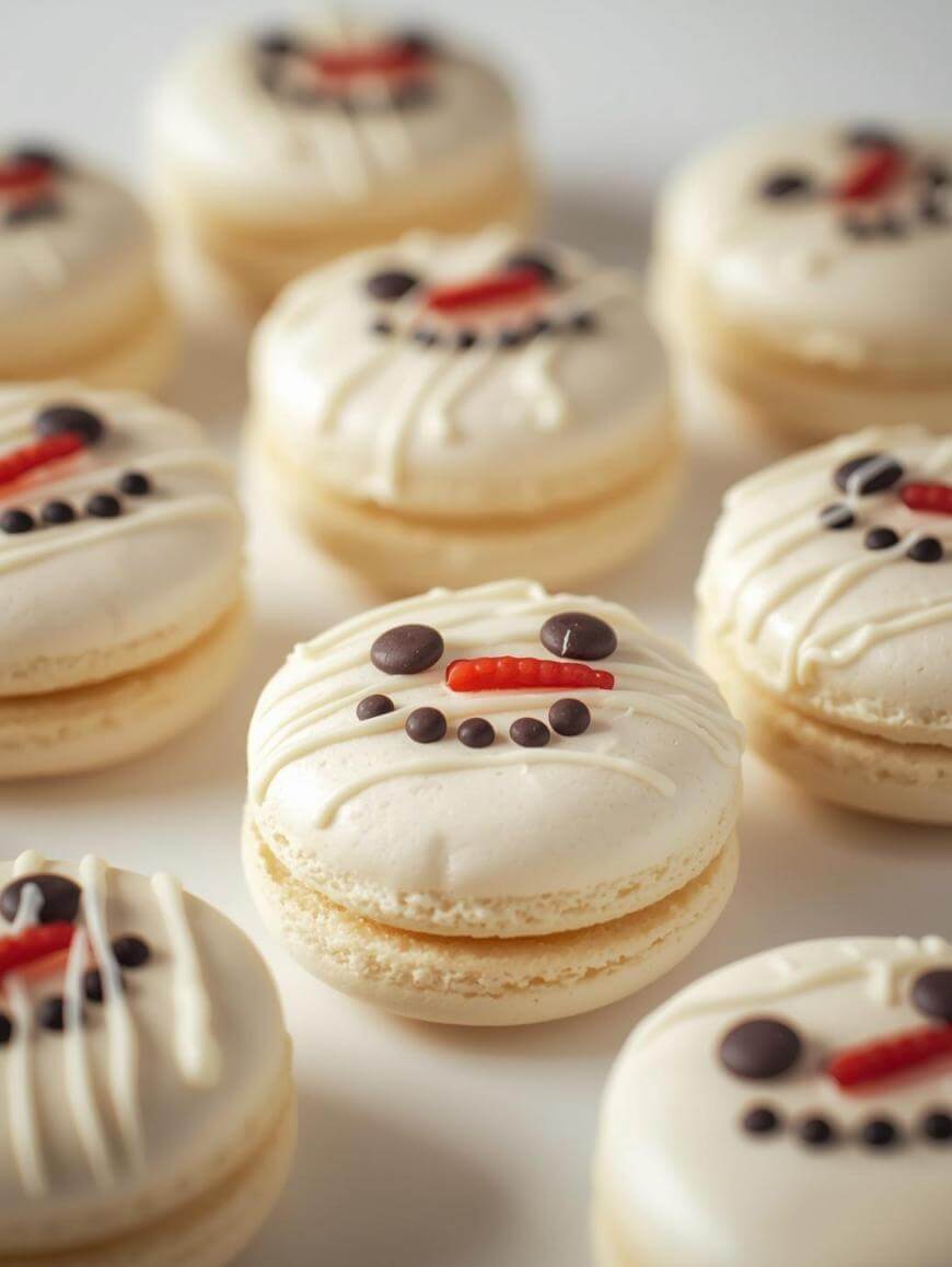 A group of white macarons decorated with icing and chocolate chips to look like smiling snowman faces, arranged on a white surface.