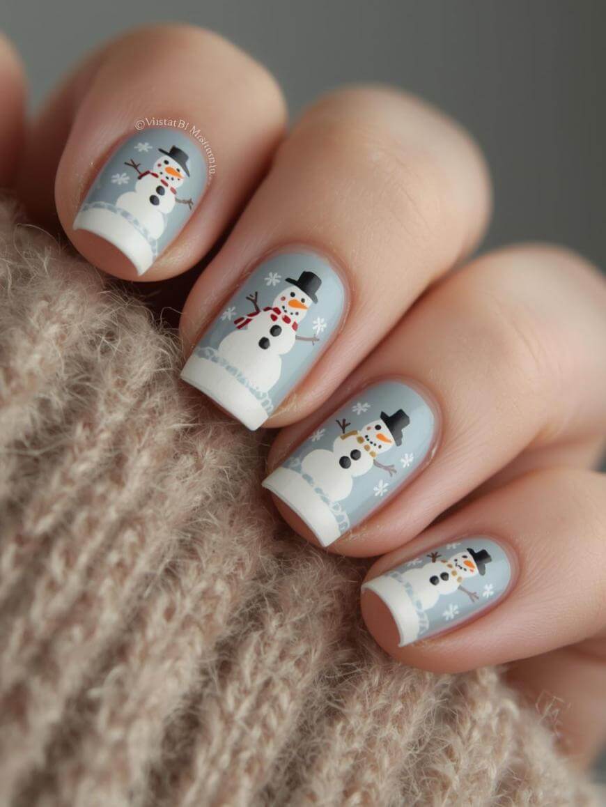 A close-up of fingernails painted with light blue polish, featuring white tips and cute snowman designs, accented with small white snowflakes, against a fuzzy beige sweater.