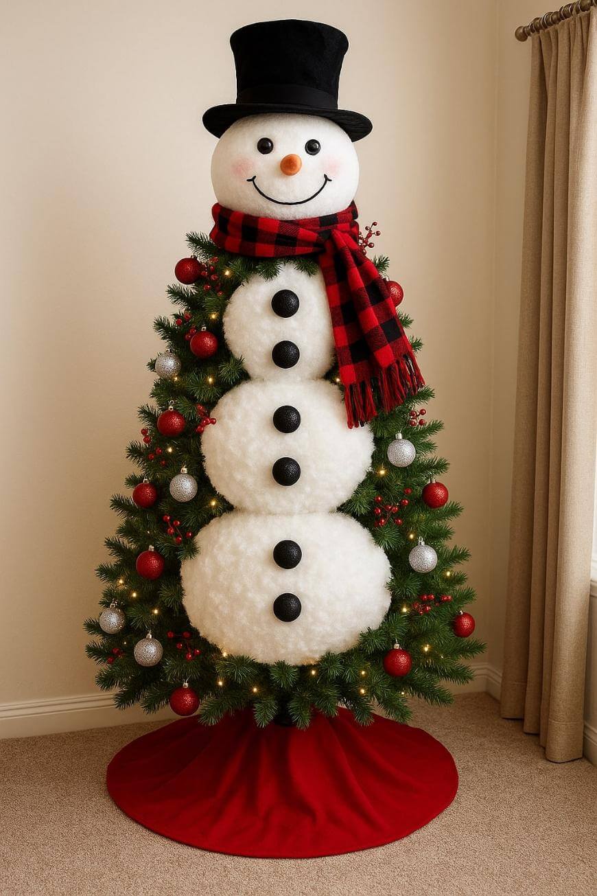 A Christmas tree decorated to look like a snowman, with a large snowman head on top, a black top hat, a red and black plaid scarf, black buttons, and red and silver ornaments, standing on a red tree skirt.