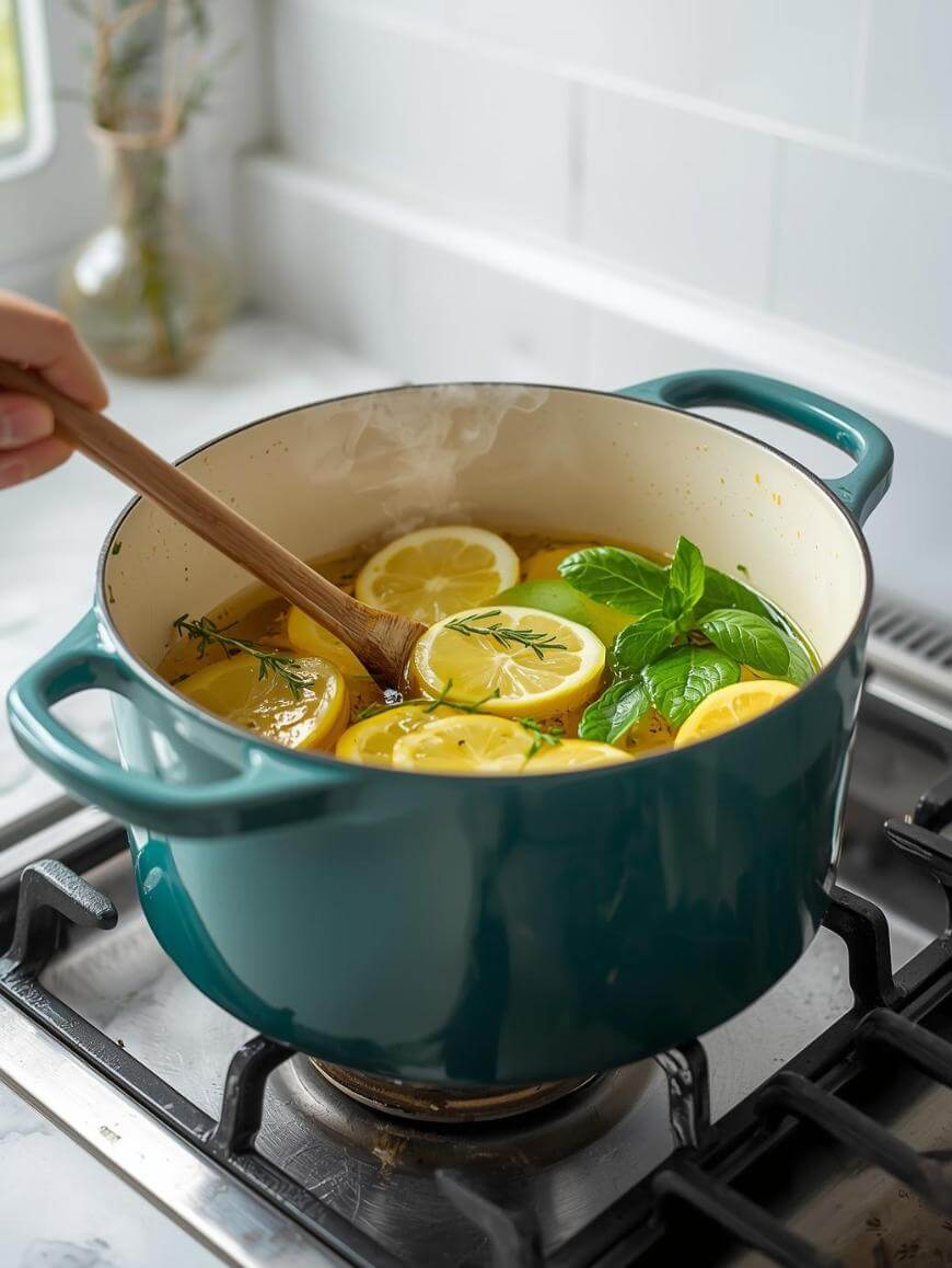 A hand stirs a teal pot on a gas stove filled with lemon slices, fresh basil, and herbs simmering in water, with steam rising from the pot. The kitchen countertop and a vase are visible in the background.