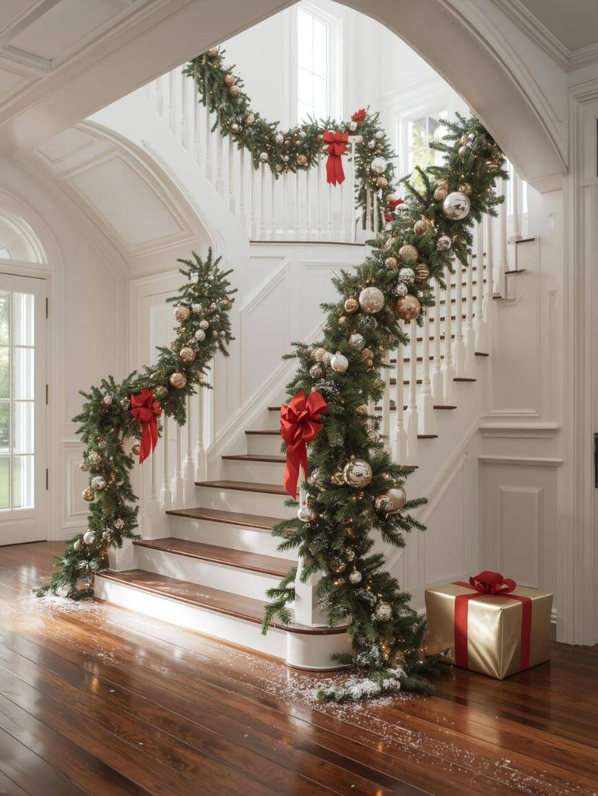 A grand staircase decorated with garlands of greenery, gold ornaments, and large red bows. Snow-like decorations line the steps, and a gold gift box with a red ribbon sits at the base. Sunlight streams through tall windows.