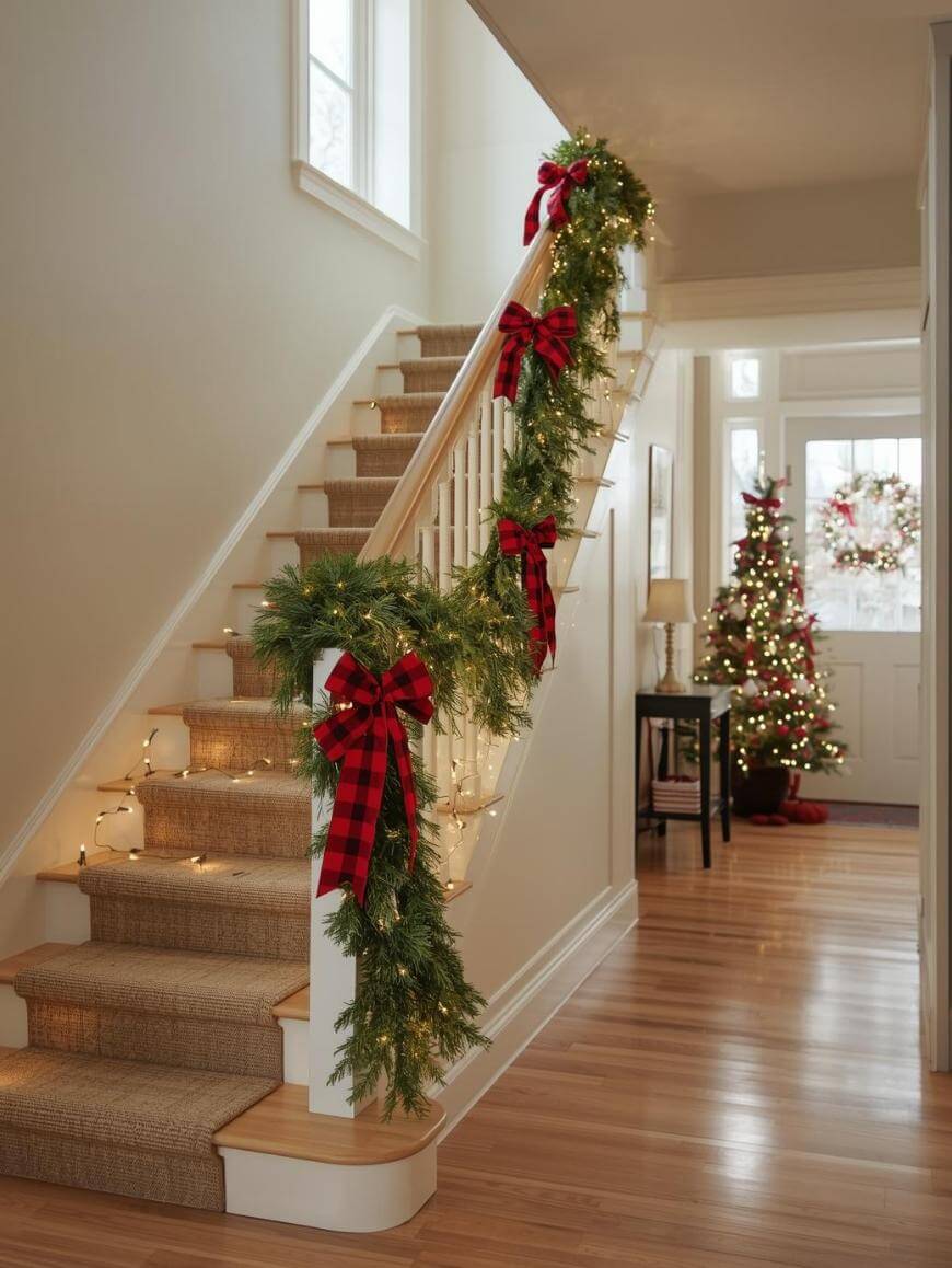 A staircase decorated with green garland, red plaid bows, and string lights leads to a hallway with a Christmas tree and a wreath on the door, creating a festive holiday atmosphere.