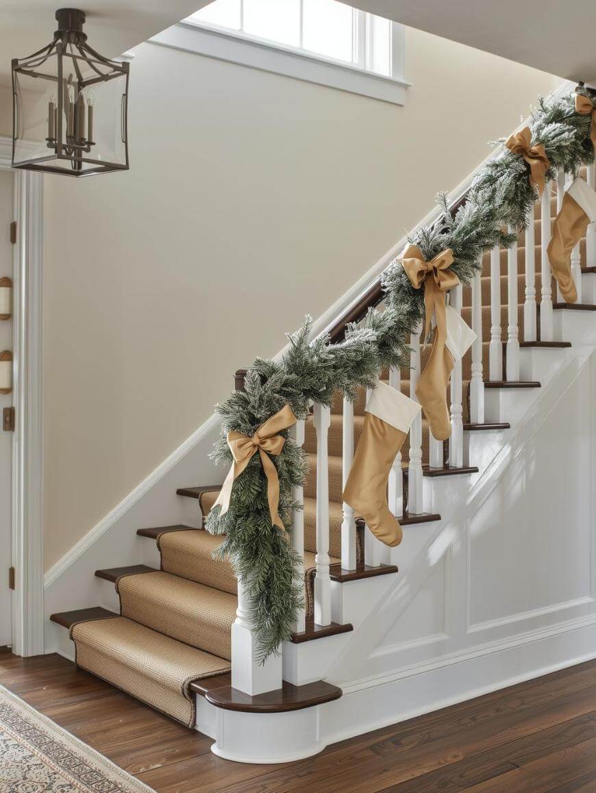 A staircase decorated for Christmas with frosted garland, gold ribbons, and gold stockings hanging along the railing. Sunlight filters in from a window above, and the stairs are carpeted.