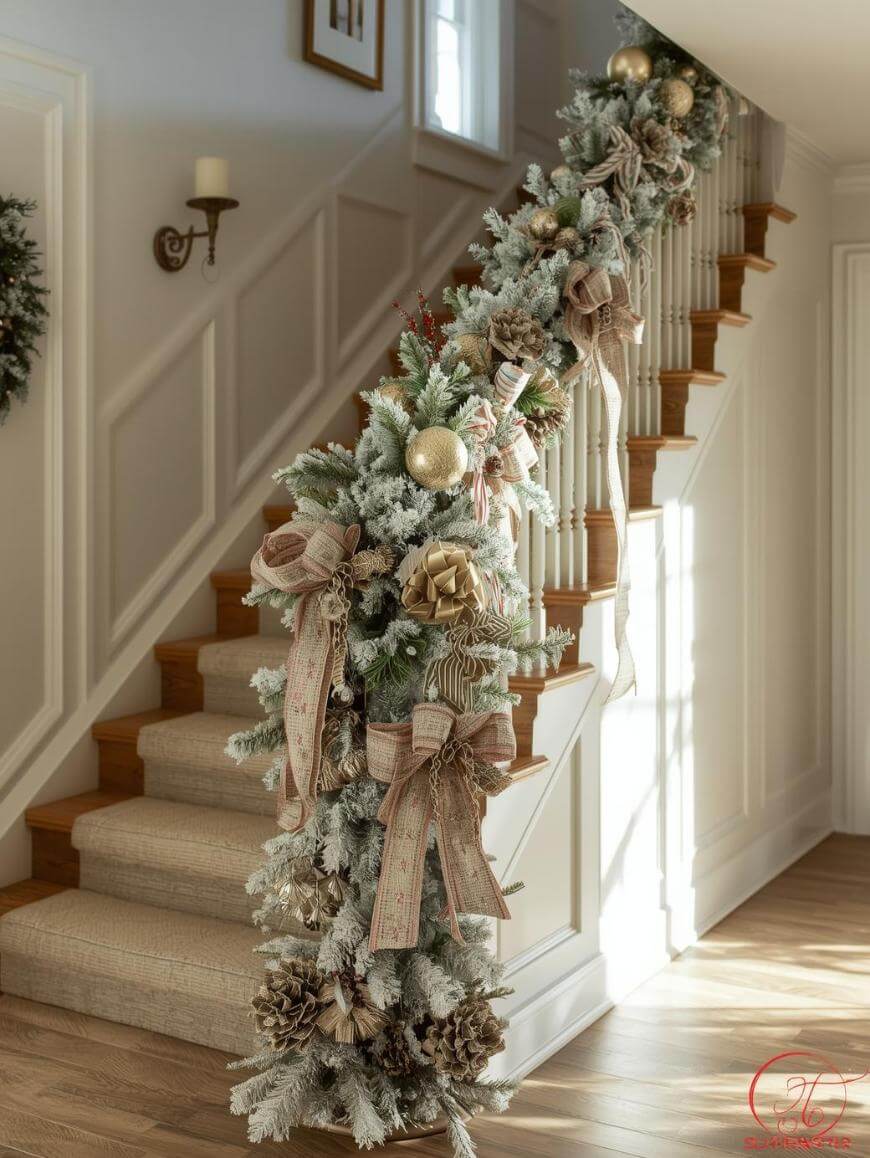 A staircase decorated for Christmas with garlands of frosted pine branches, large bows, pinecones, gold ornaments, and burlap ribbons along the banister, in a sunlit, cozy home interior.