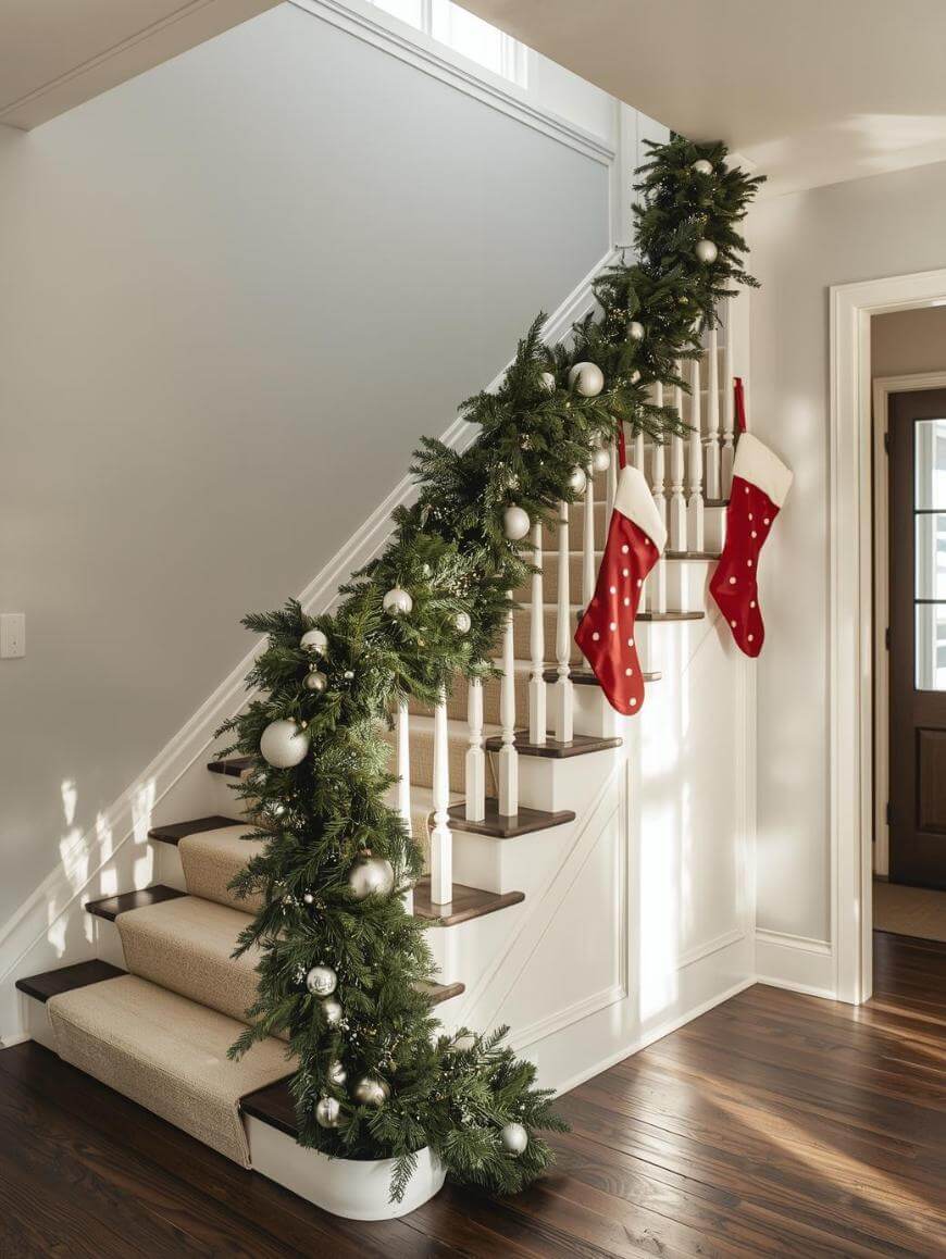 A staircase decorated with a green garland, white ornaments, and two red Christmas stockings hanging from the railing in a bright, modern home.
