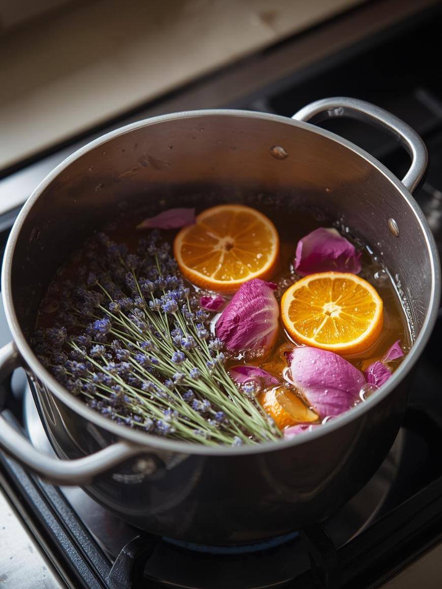 A large pot on a stove contains water with slices of orange, pink rose petals, and sprigs of lavender, suggesting a simmering aromatic mixture or homemade potpourri.