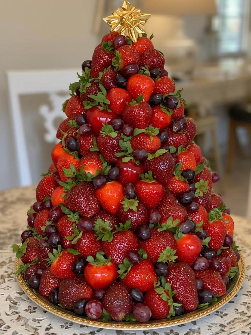 A festive fruit arrangement shaped like a Christmas tree, made of stacked fresh strawberries and grapes on a golden tray, topped with a gold bow, sitting on a lace-covered table.