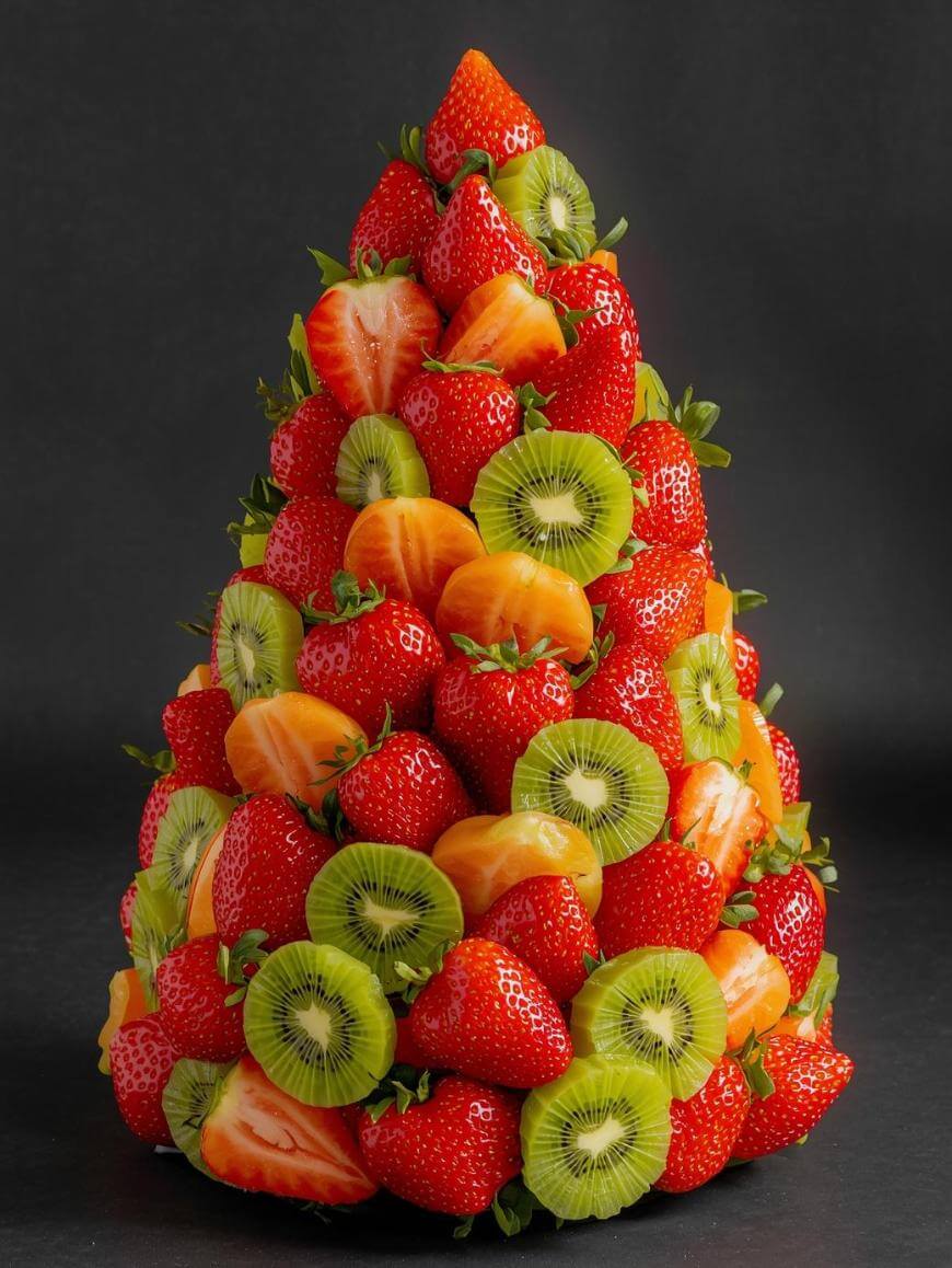 A festive, cone-shaped fruit arrangement made of whole strawberries, sliced kiwis, and orange fruit pieces is stacked in a tree-like form against a black background.