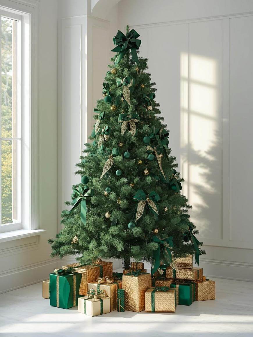 A decorated Christmas tree with green bows, gold ornaments, and wrapped presents in gold and green paper sits in a bright, white room with a large window.
