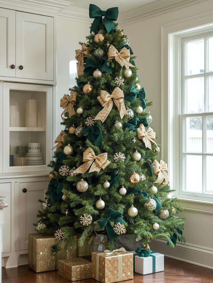 A decorated Christmas tree adorned with gold and green bows, gold ornaments, and snowflake decorations stands by a window. Wrapped presents in gold and white paper are arranged at the base of the tree.