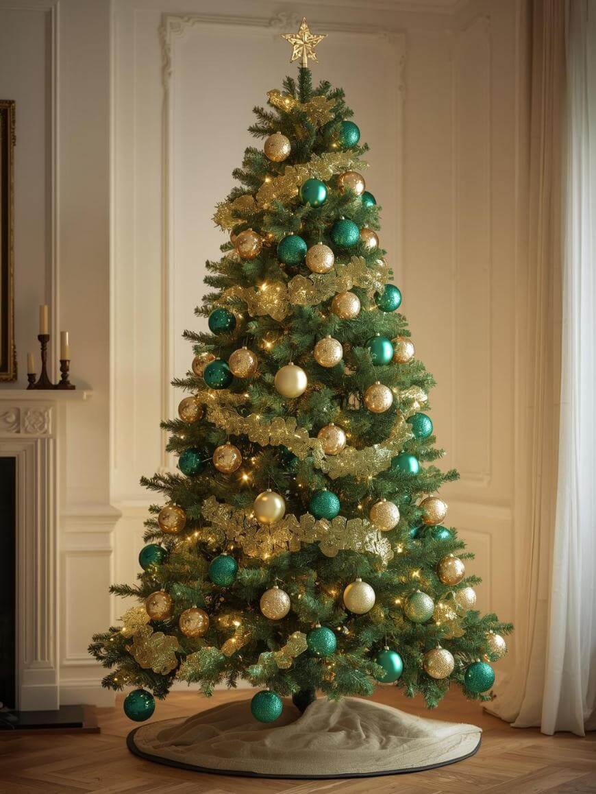 A decorated Christmas tree with gold and green ornaments, white lights, and a gold star topper stands in a cozy room with white walls and a fireplace.