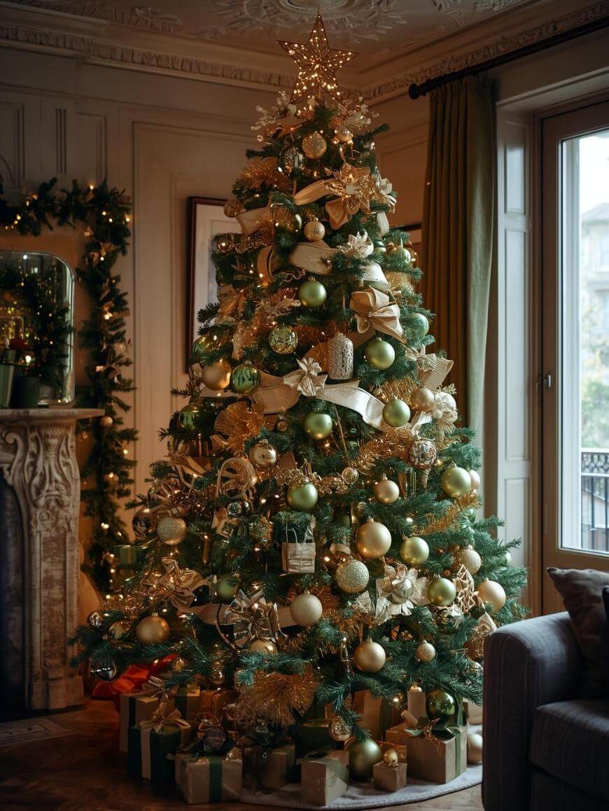 A Christmas tree decorated with gold ornaments, ribbons, and a star topper stands in a cozy living room with wrapped gifts underneath. Warm lights and festive decor create a cheerful holiday atmosphere near a window and fireplace.