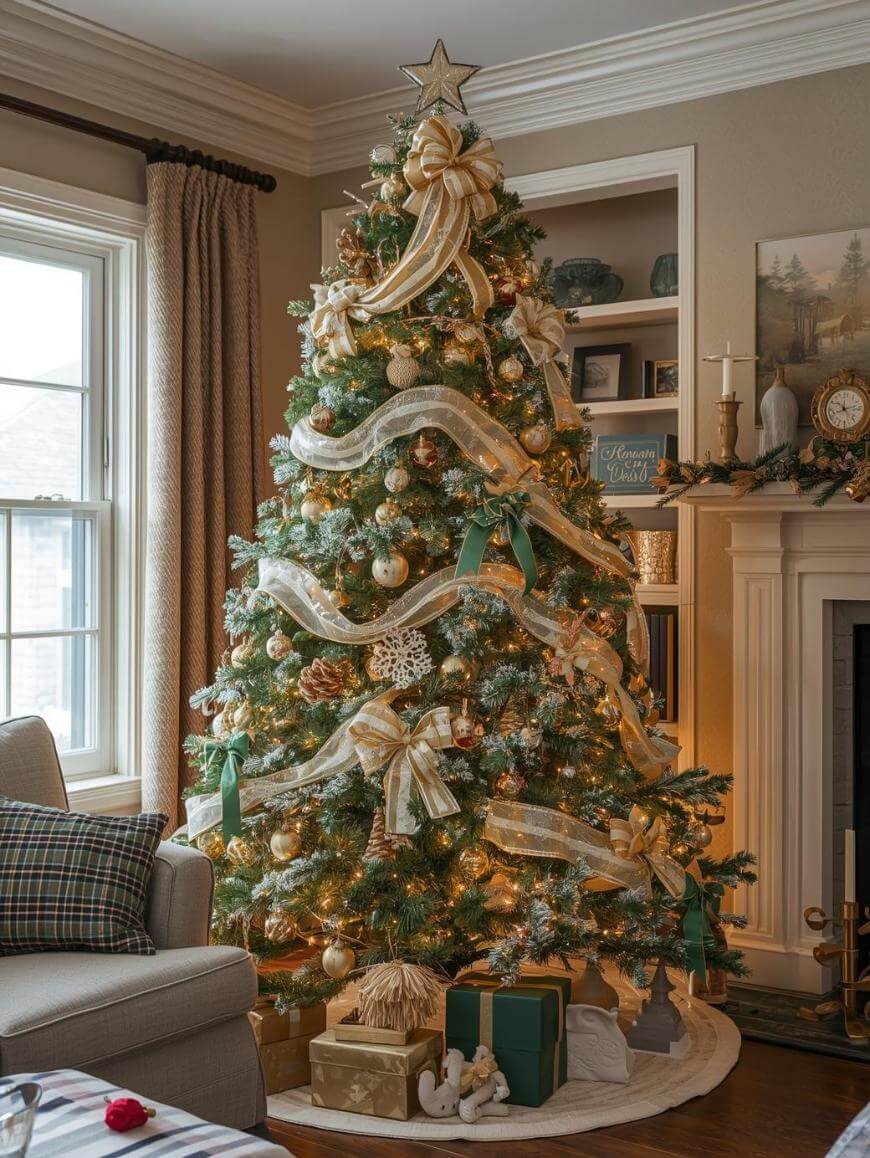 A decorated Christmas tree with gold and green ribbons, ornaments, and a star topper stands beside a fireplace. Wrapped gifts are placed under the tree in a cozy, well-lit living room.