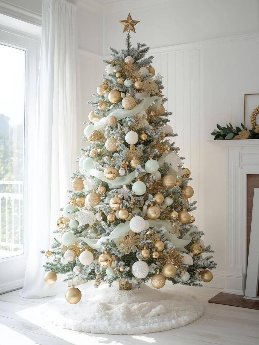 A Christmas tree decorated with gold and white ornaments, white ribbon, and a gold star topper stands on a fluffy white rug in a bright, minimalist living room with white walls and large windows.