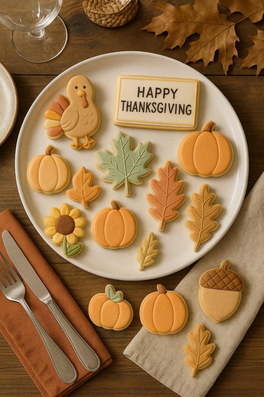 A plate of decorated Thanksgiving cookies shaped like a turkey, pumpkins, leaves, an acorn, a sunflower, and a sign reading Happy Thanksgiving on a wooden table with autumn decor.