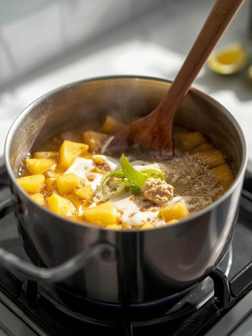 A stainless steel pot on a stove contains chunks of yellow mango, creamy liquid, oatmeal, and a wooden spoon. Steam rises as the mixture cooks, and a sprig of mint and nut butter sit on top.