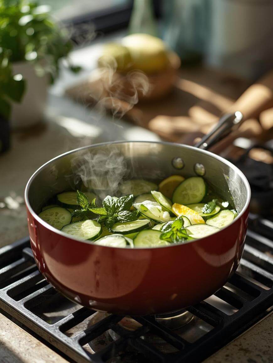A red saucepan on a stove contains steaming water with sliced cucumbers, lemon slices, and fresh mint leaves. Sunlight shines on the pot, and there are blurred kitchen items in the background.