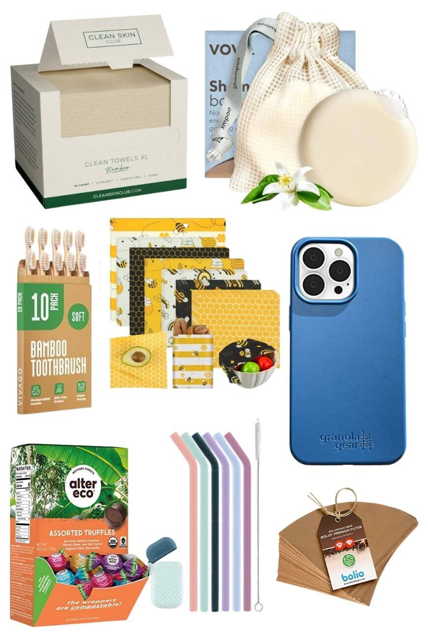 A collection of eco-friendly products including reusable towels, shampoo bar, bamboo toothbrushes, beeswax wraps, a blue phone case, assorted truffles, reusable straws with a brush, and brown napkins.