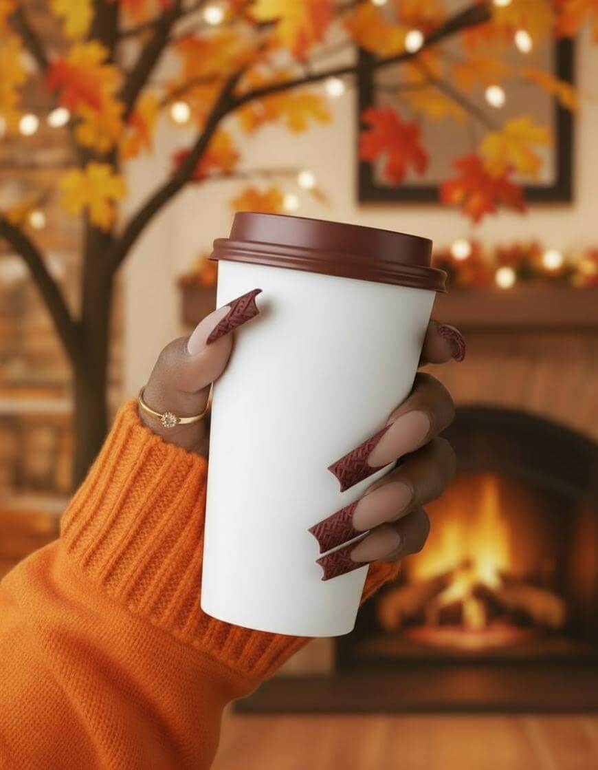 A hand with long, decorated nails holds a white coffee cup. The person wears an orange sweater, with autumn leaves and a cozy fireplace in the blurred background, creating a warm, fall atmosphere.