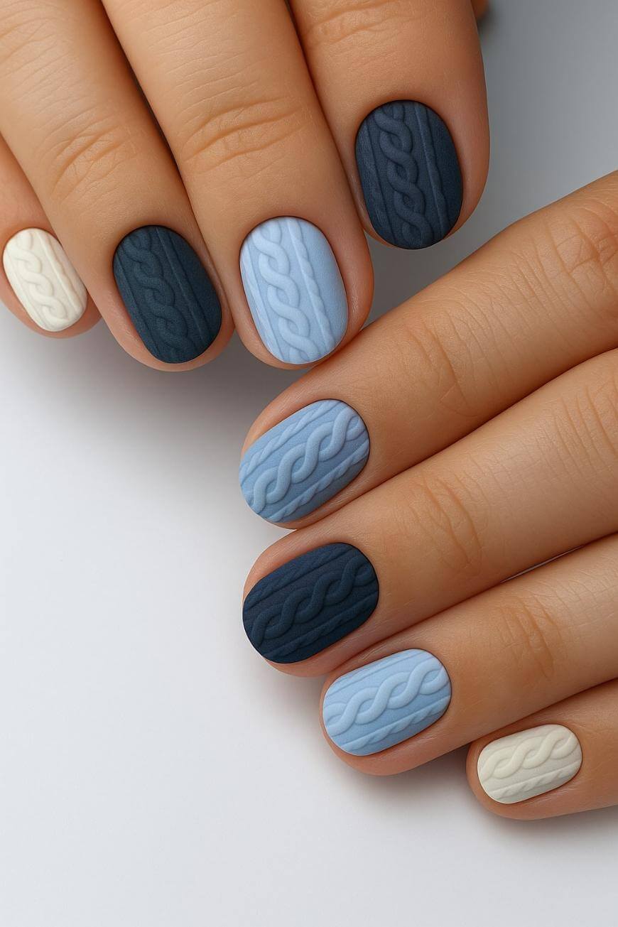 Close-up of hands with manicured nails in matte navy blue, light blue, and cream colors. Each nail features a raised cable knit pattern, creating a textured, cozy sweater-like effect.