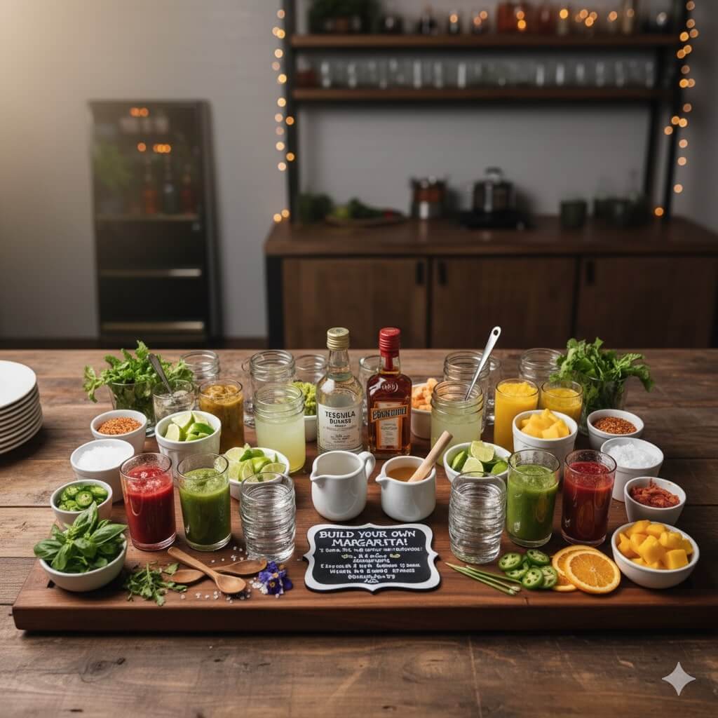 A wooden table displays a margarita bar with various ingredients: liquor bottles, mason jars with juices, sliced fruits, herbs, and glassware. A small chalkboard sign in the center reads Build Your Own Margarita.