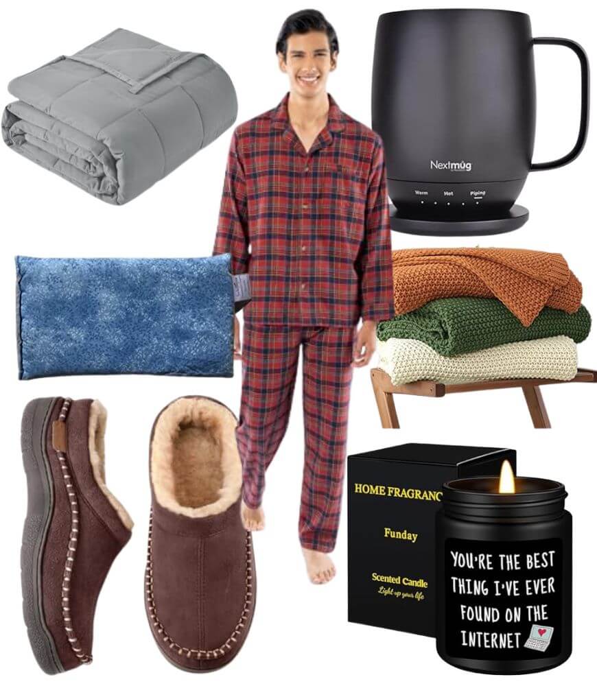 A collage showing cozy gift items: a gray weighted blanket, a man in red plaid pajamas, a black mug warmer, a blue pillow, folded knit blankets, brown slippers, and a black scented candle with a printed message.