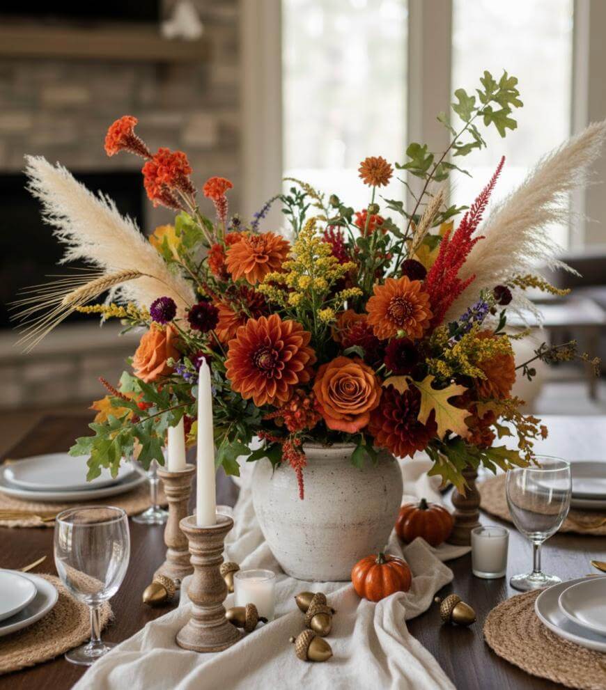A rustic table centerpiece with orange and red autumn flowers, pampas grass, yellow accents, and greenery in a white vase, surrounded by candles, glassware, mini pumpkins, and acorns on a wooden table.