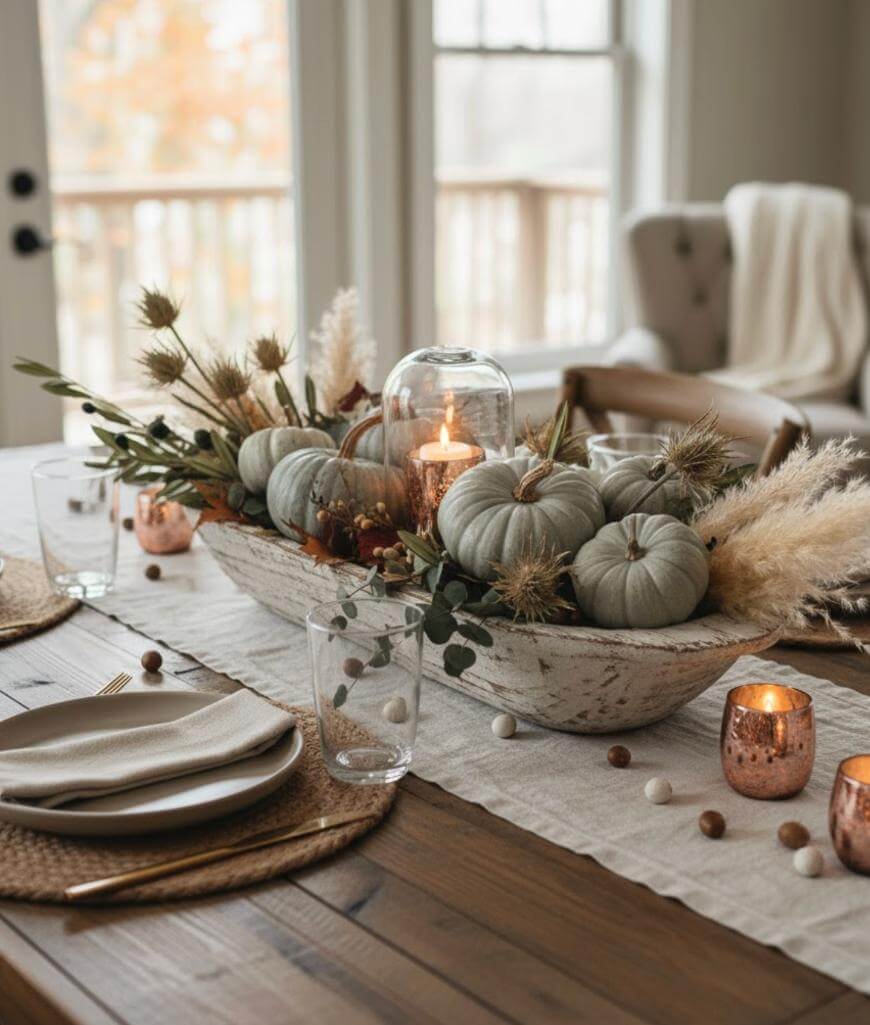 A rustic autumn table centerpiece features pale pumpkins, dried grasses, eucalyptus, and a glass-enclosed candle, surrounded by copper votives on a wooden table set with neutral dishes and woven placemats.