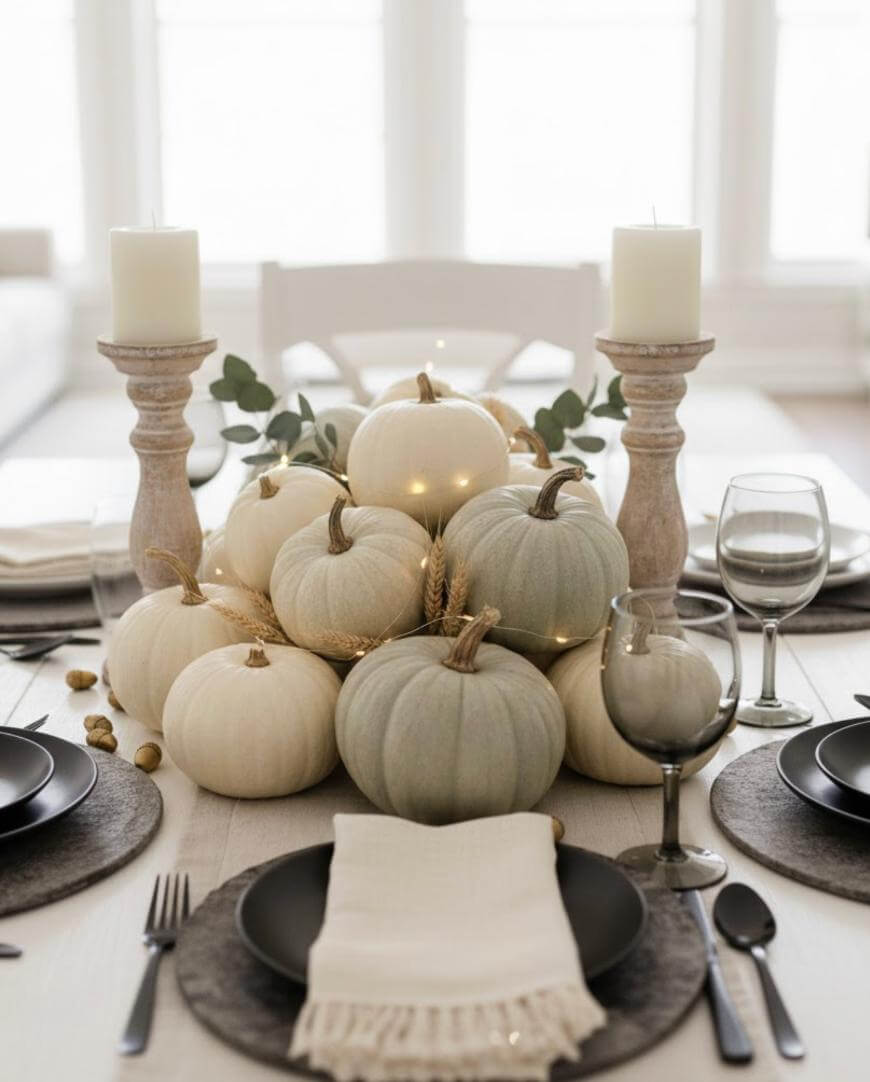 A modern autumn table setting with white and pale green pumpkins stacked in the center, surrounded by two pillar candles on wooden holders, neutral plates, linen napkins, and wine glasses on a light wooden table.